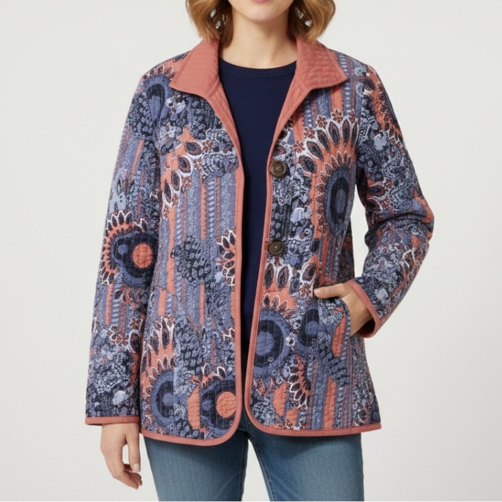 Multiples Women Size Medium Blue Rust Quilted Cotton Jacket Art to Wear